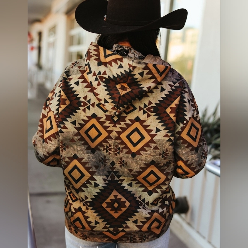 NWT Lucky And Blessed Western Brown Vintage Aztec Printed Drawstring Hoodie - Picture 6 of 6